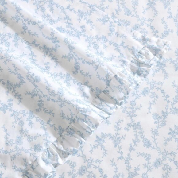 LAURA ASHLEY Queen Sheet Set White Victoria Blue Floral Percale Cotton Ruffled - Picture 5 of 11